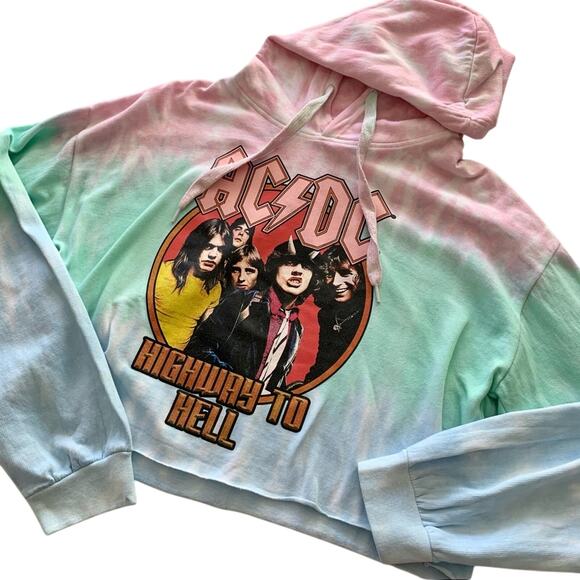 AC/DC Tie Dye Graphic Raw Hemline Cropped Hoodie Sweater Size XL - Picture 9 of 9